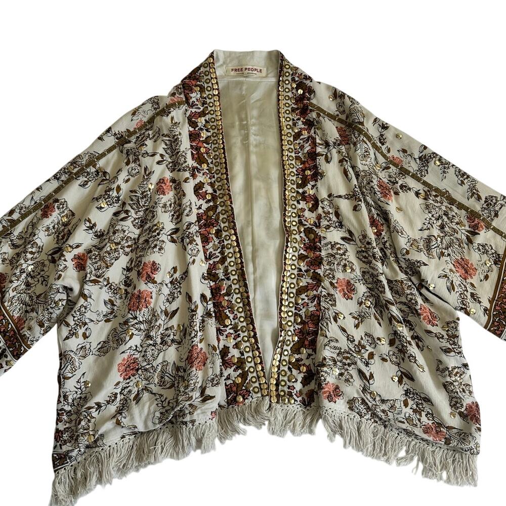 Free People Boho Kimono XL Fringe Festival Jacket Floral Beaded Open Front